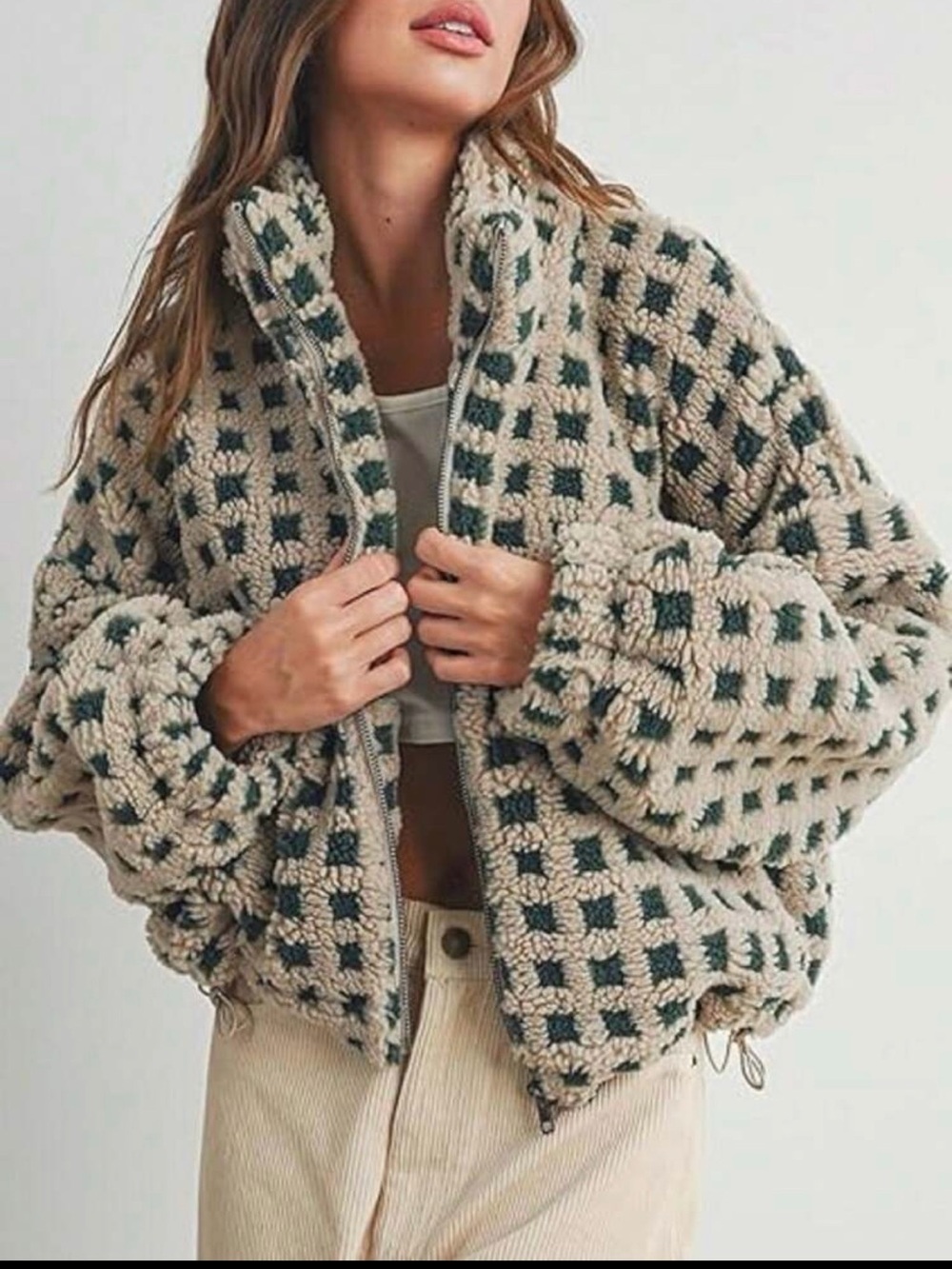 SHEIN Beige and Dark Green Checkered Sherpa Jacket